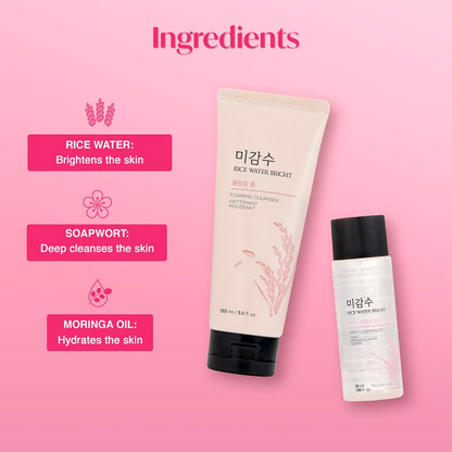 The Face Shop 2 Step Rice Water Bright Kit featuring a face wash and skincare products for radiant, clean skin.