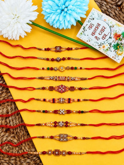 Anouk Set Of 10 Artificial Stones & Beads Thread Rakhi With Roli Chawal Chandan Mishri
