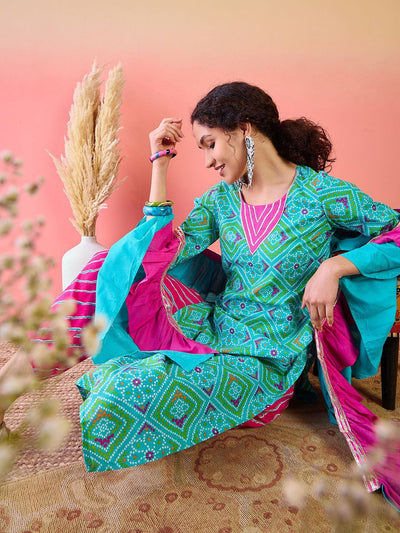 Indyancart SN Women's Bandhani Printed Pure Cotton Round Neck Kurta With Trousers & Ruffled Dupatta