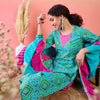 Dhiyona SN Women's Bandhani Printed Pure Cotton Round Neck Kurta With Trousers & Ruffled Dupatta