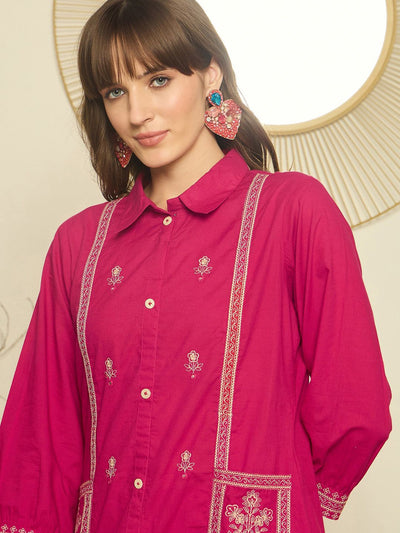 Indyancart IE Women Ethnic Motifs Embroidered A-Line Thread Work Pure Cotton Kurta & Trousers