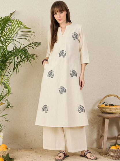 Ethnic Motifs Embroidered A-Line Thread Work Pure Cotton Kurta With Palazzos