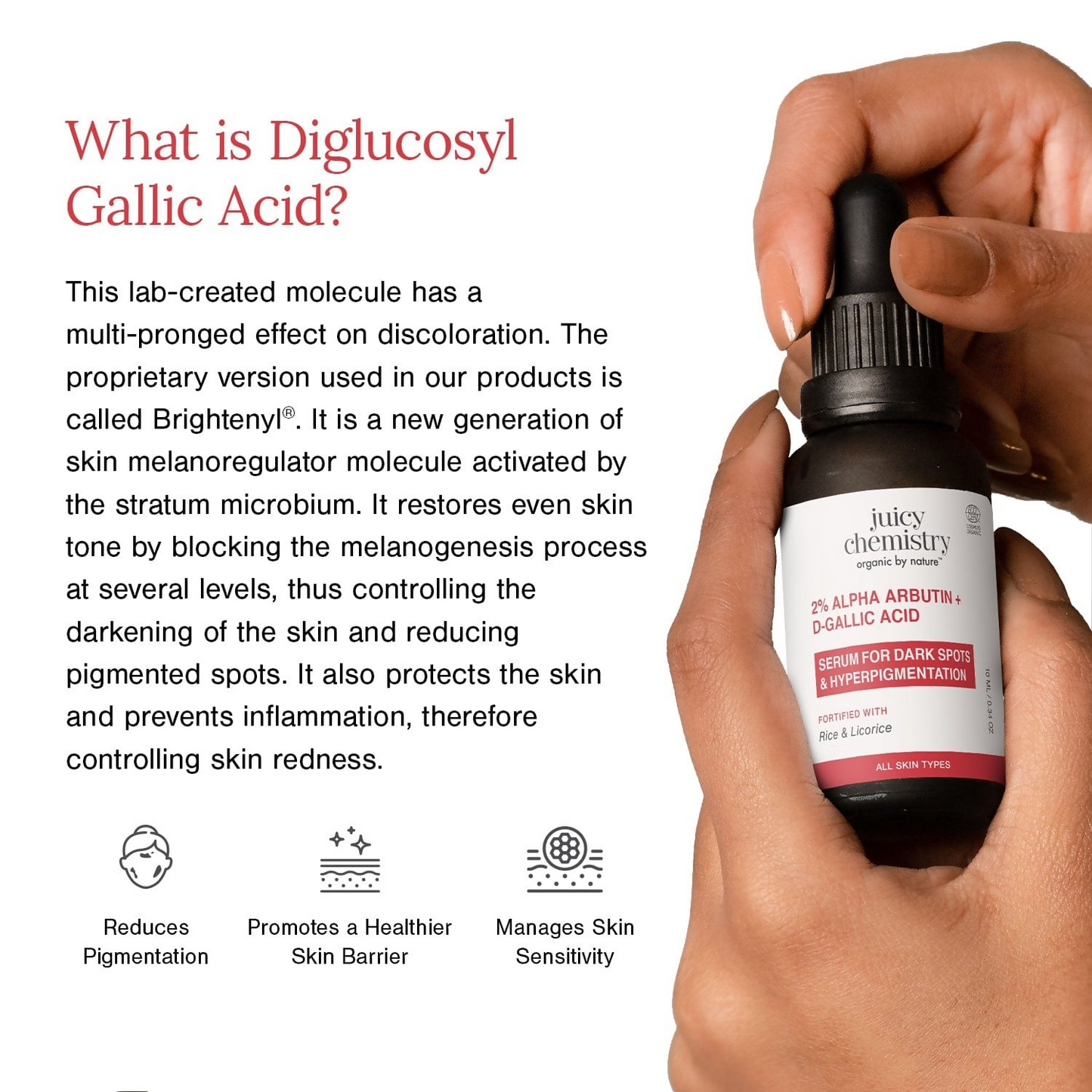 Juicy Chemistry Alpha Arbutin and D-Gallic Acid face serum bottle with dropper, skincare product for brightening and evening skin tone.