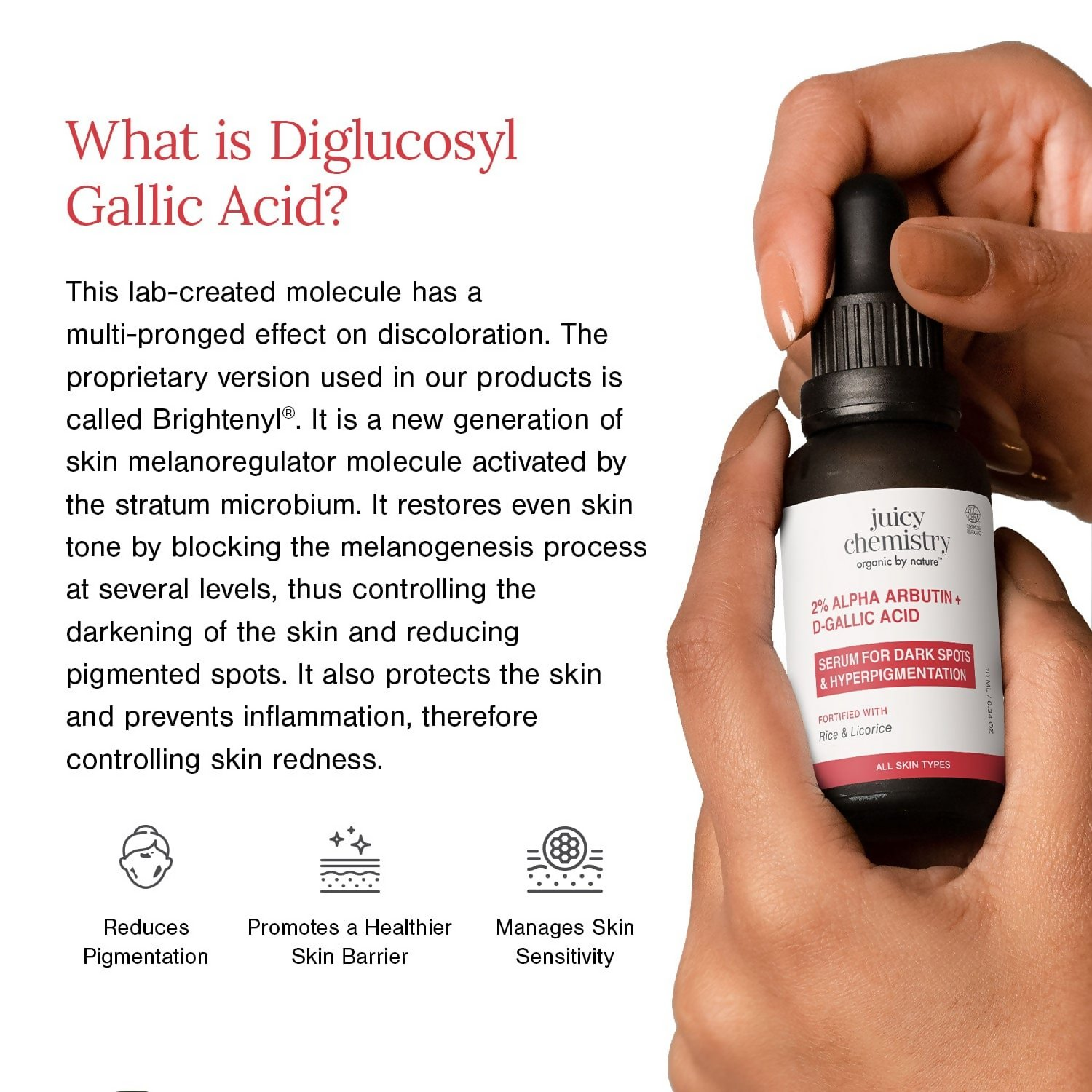 Juicy Chemistry Alpha Arbutin and D-Gallic Acid face serum bottle with dropper, skincare product for brightening and evening skin tone.