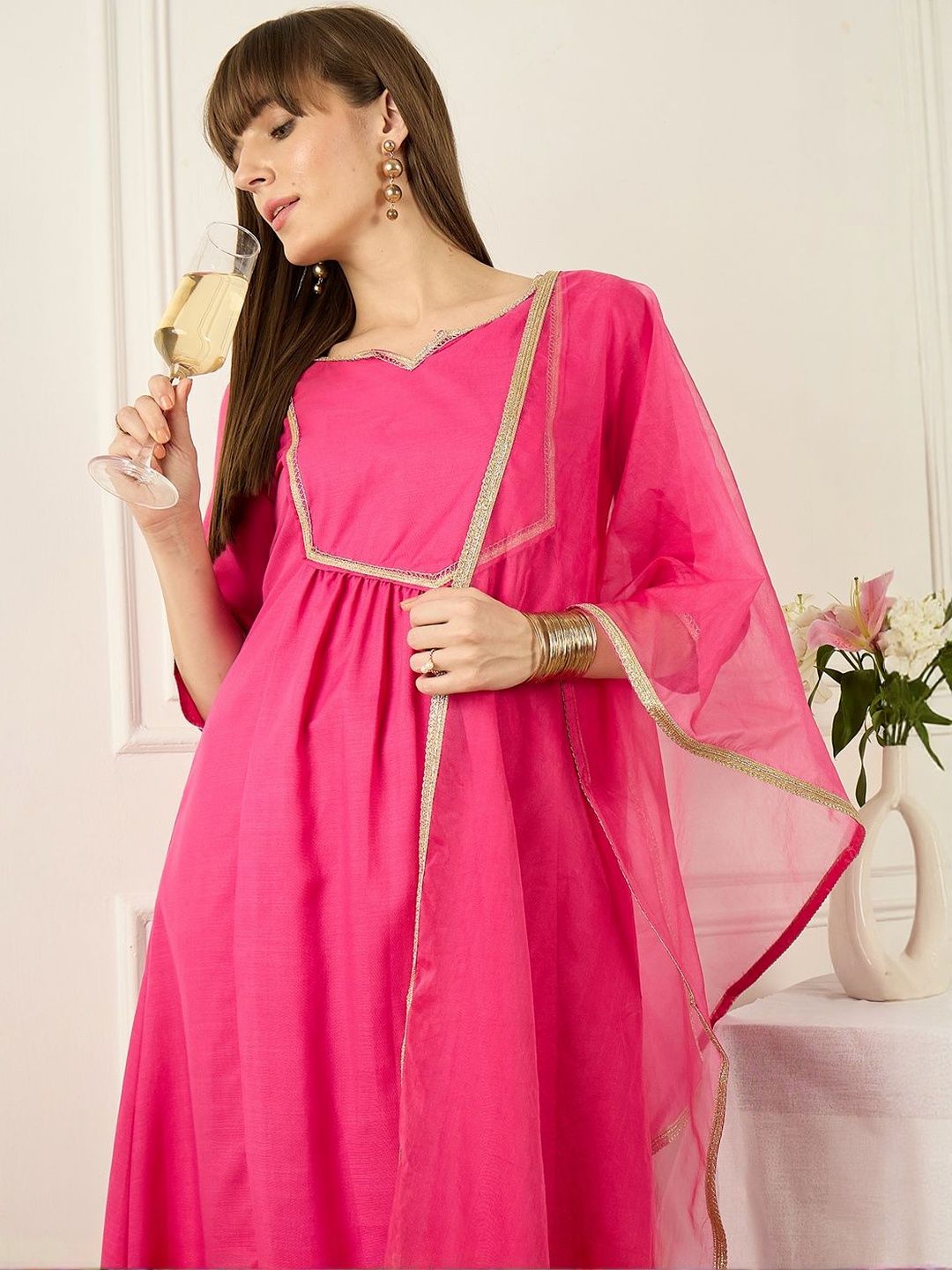 Yoke Design Notch Neck Regular A-Line Kurta With Trousers & Dupatta