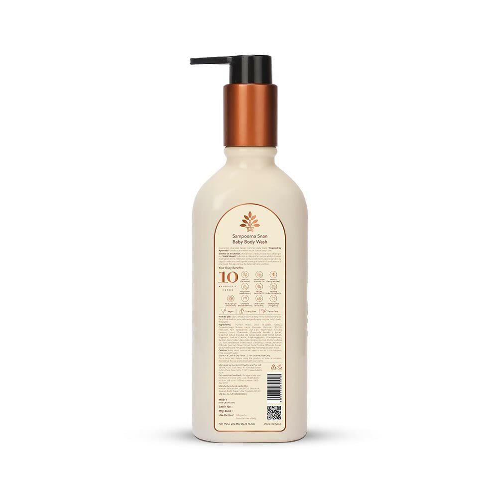 Baby Forest Sampoorna Snan baby body wash with gentle, natural formula for baby's delicate skin, shown in a clear bottle.