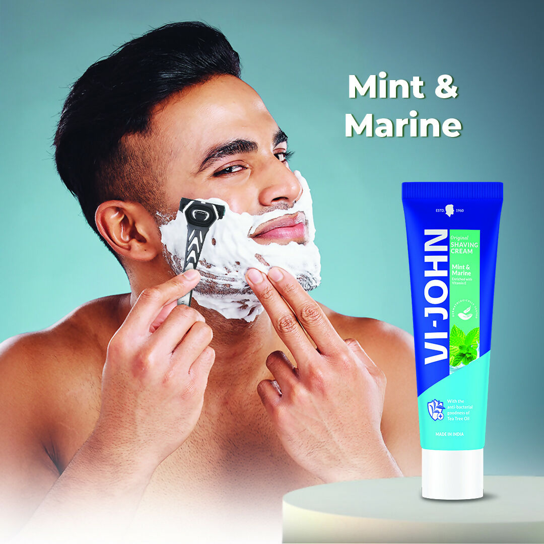 VI-JOHN Vitamin E anti-bacterial mint and marine shaving cream in a tube, with a fresh mint and marine scent, suitable for sensitive skin.