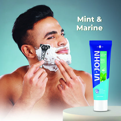 VI-JOHN Vitamin E anti-bacterial mint and marine shaving cream in a tube, with a fresh mint and marine scent, suitable for sensitive skin.