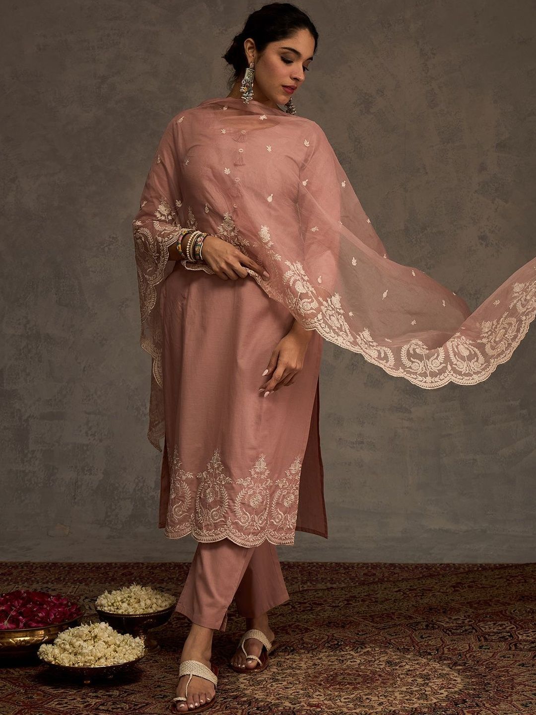 Women Ethnic Motifs Embroidered Cotton Kurta with Trousers & Dupatta