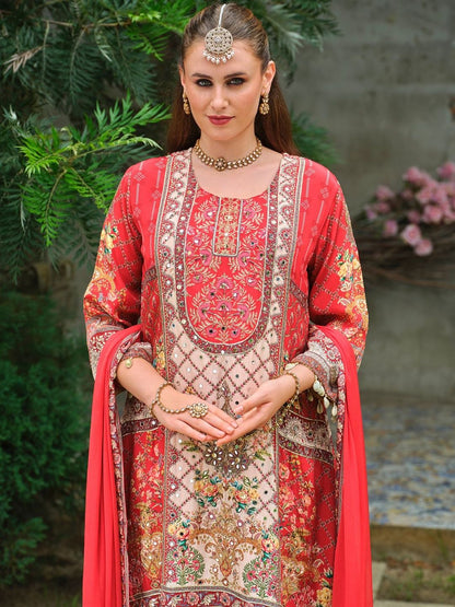 Ethnic Motifs Printed Mirror Work Pure Silk A-Line Kurta & Palazzos With Dupatta