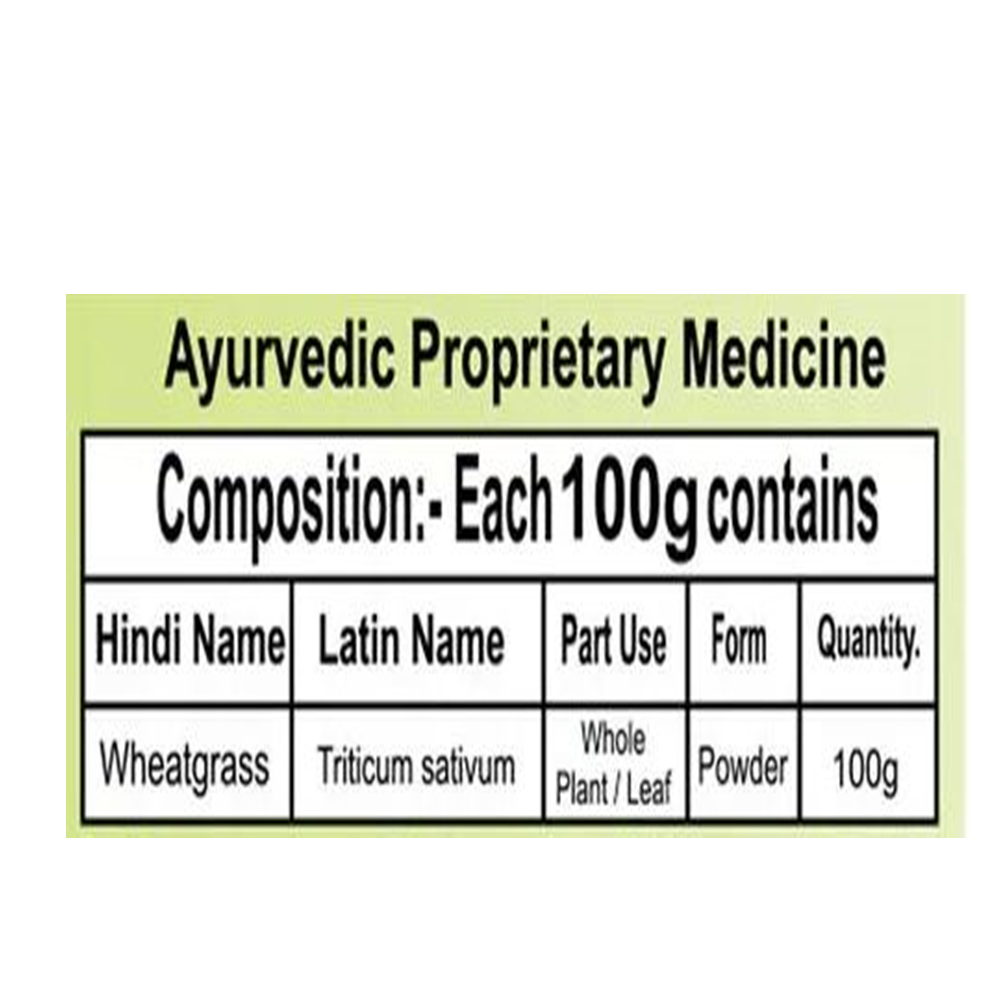 Patanjali Wheat Grass Powder in a resealable bag, showing fresh green wheatgrass powder for Ayurvedic health and wellness.