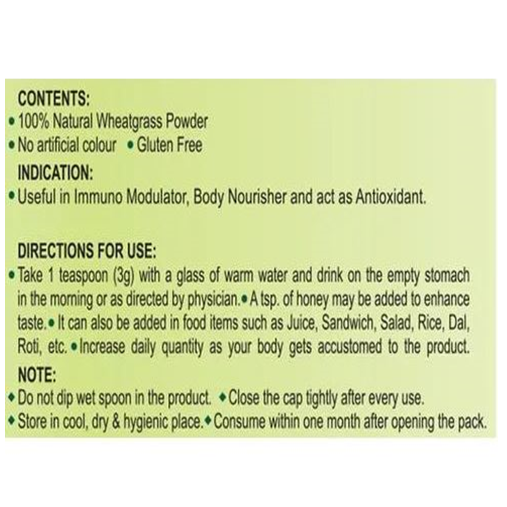 Patanjali Wheat Grass Powder in a jar, showcasing fresh green wheatgrass powder for Ayurvedic health and wellness.