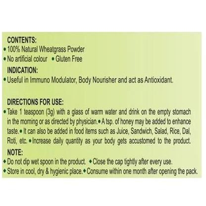 Patanjali Wheat Grass Powder in a jar, showcasing fresh green wheatgrass powder for Ayurvedic health and wellness.