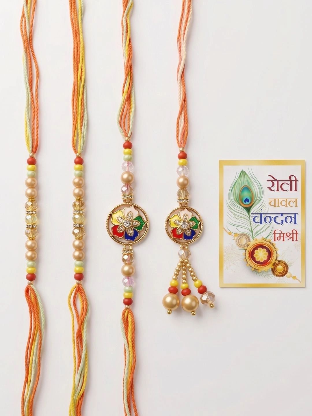 Anouk Set Of 4 Artificial Beads Family Pack Thread Rakhi With Roli Chawal Chandan Mishri