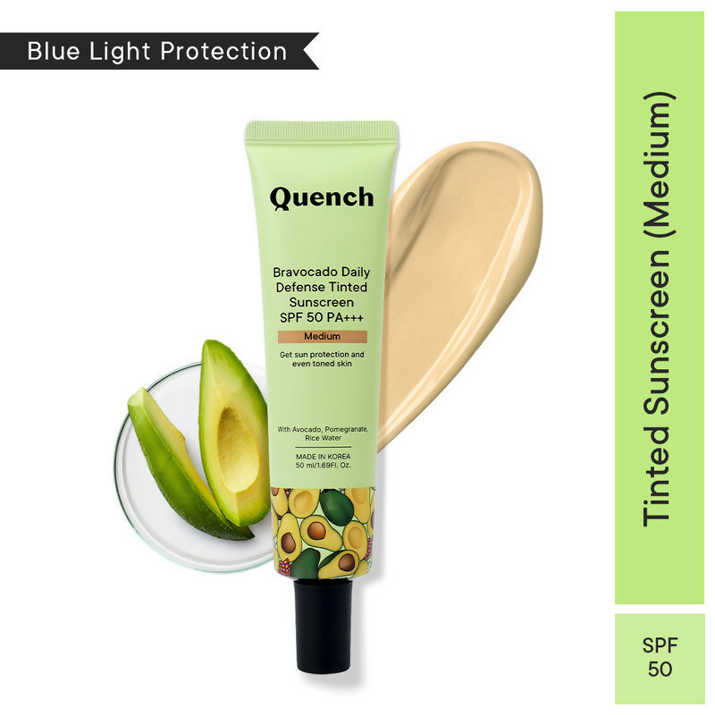 Quench Vitamin E Tinted SPF 50 sunscreen with mineral and chemical actives, medium tint, in a sleek tube.