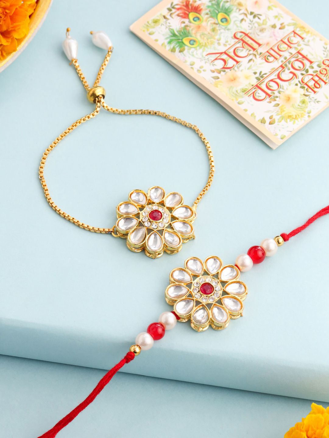 Anouk Set Of 2 Gold Toned Kundan Floral Design Bhaiya Bhabhi Rakhi Set With Roli Chawal