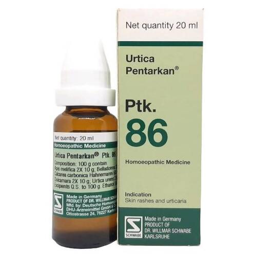 Dr. Willmar Schwabe Germany Urtica Pentarkan homeopathy drops in a small glass bottle with a dropper cap.