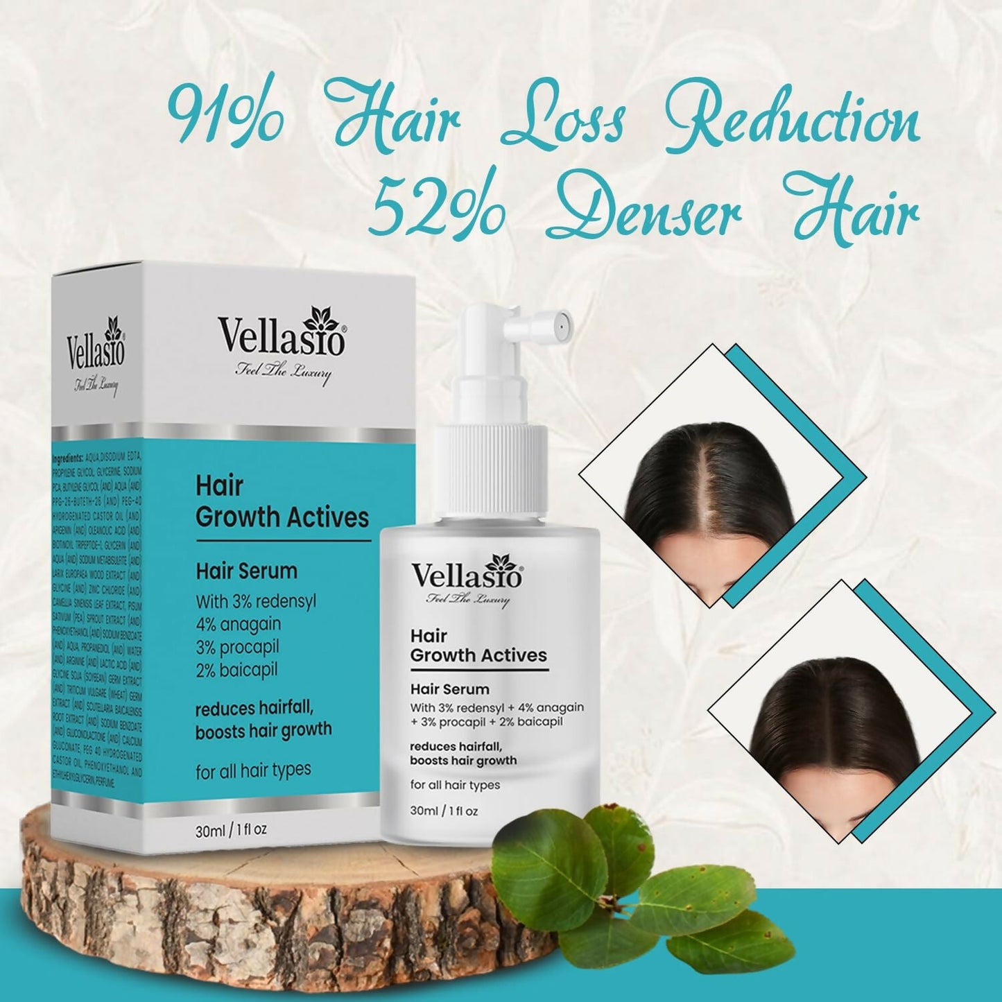 Vellasio Hair Growth Serum with Redensyl, Anagain, Procaoil, and Baicapil for thicker, healthier hair.