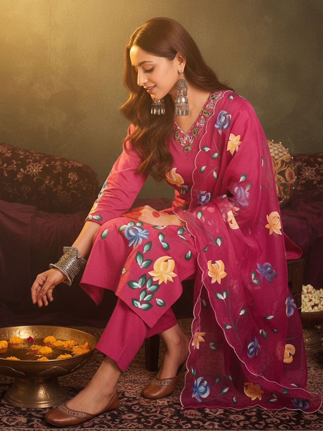 Floral Printed Sraight Thread Work Pure Cotton Kurta With Trousers & Dupatta