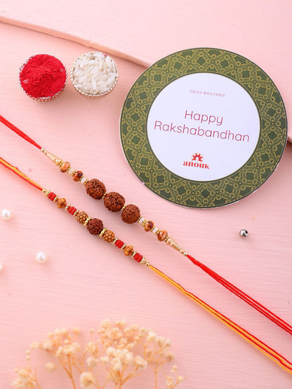 Anouk Set Of 2 Brown Rudaraksh-Beaded Rakhi With Roli Rice & Greeting Card