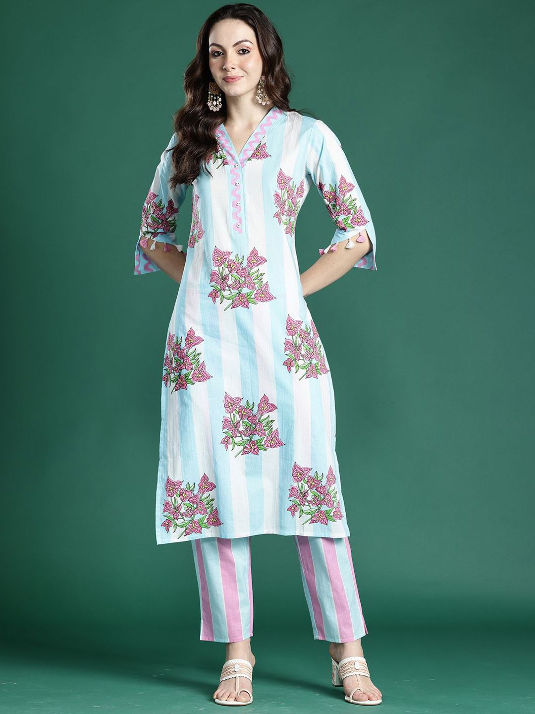 Indyancart IE Indo era Printed Pure Cotton V Neck Top With Trousers Co-Ords Set
