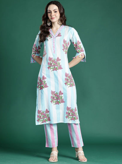 Indyancart IE Indo era Printed Pure Cotton V Neck Top With Trousers Co-Ords Set