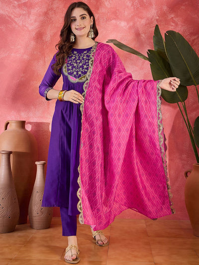Indyancart SN Women's Zari Sequence Embroidered Straight Kurta With Trousers & Dupatta