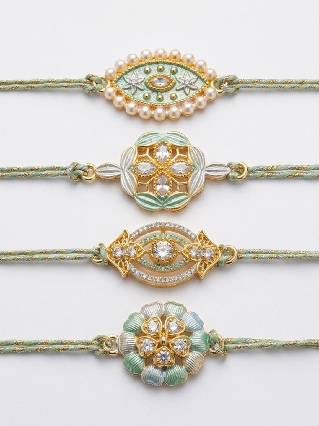 Anouk Set Of 4 White Artificial Stones & Green Thread Rakhi