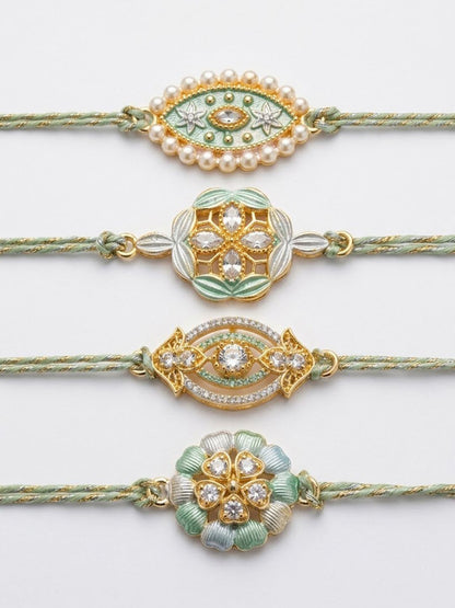 Anouk Set Of 4 White Artificial Stones & Green Thread Rakhi