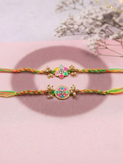 Anouk Set Of 2 Meenakari Floral Thread Rakhi With Roli Chawal Chandan Mishri