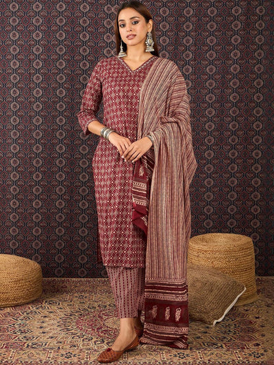 Indyancart IE Women Ethnic Motifs Printed Regular Pure Cotton Kurta Trousers With Dupatta
