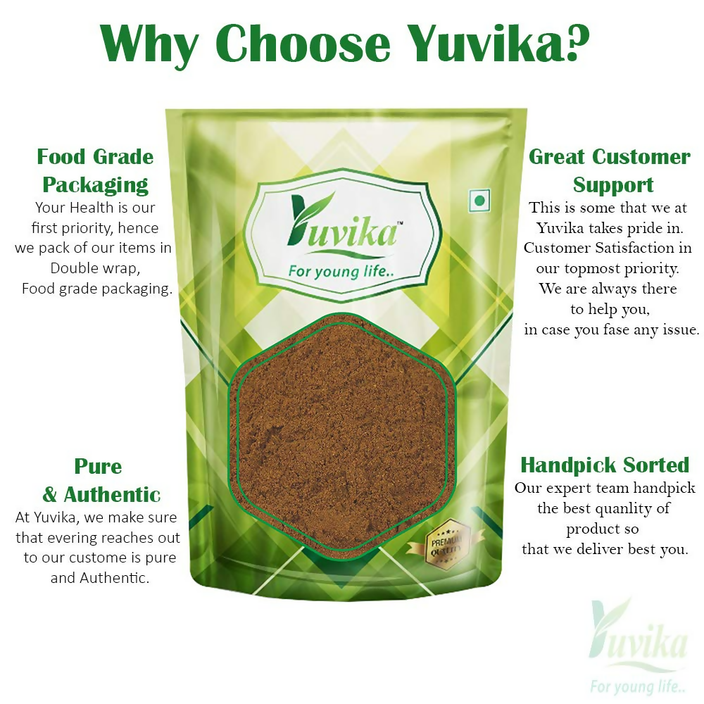 Yuvika Revan Chini Powder, Indian Rheum Emodi root powder, in a small glass bowl, used in Ayurvedic herbal remedies.
