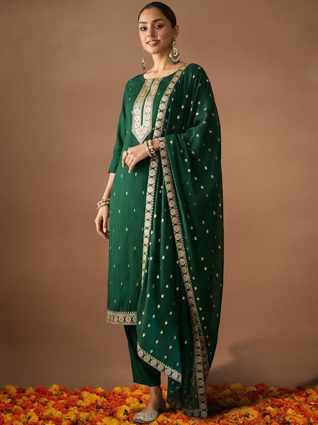 Women Ethnic Motifs Embroidered Regular Kurta with Trousers & With Dupatta