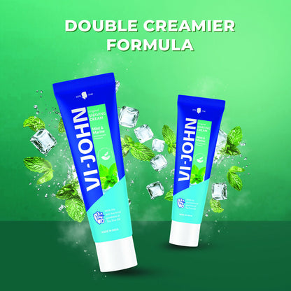 VI-JOHN Vitamin E-enriched anti-bacterial mint and marine shaving cream in a tube, ready for a smooth shave.