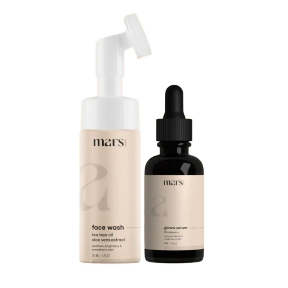 Mars By GHC Clear Skin Combo featuring serums and essence bottles for skincare hydration and brightening.