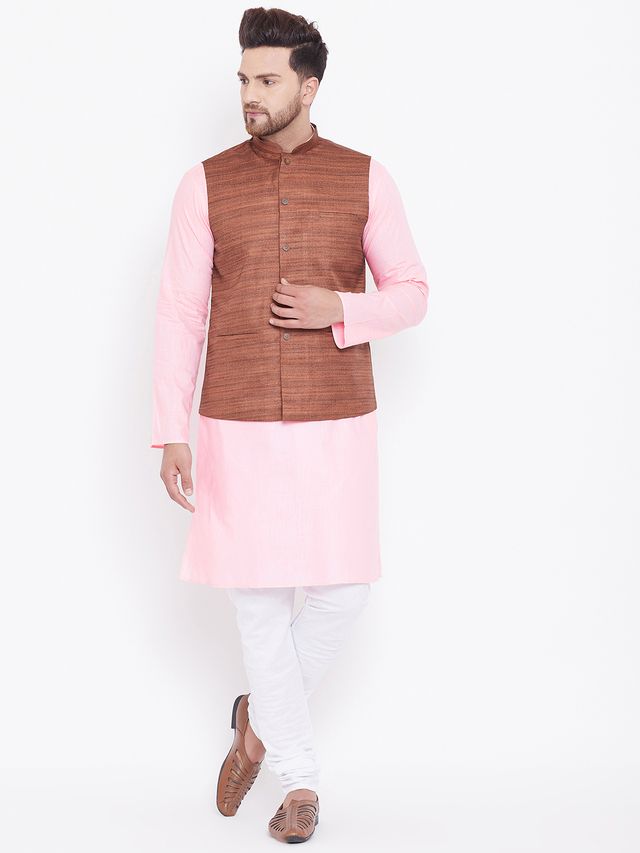 Men's Pink Cotton Blend Straight Jacket  Kurta and Pyjama Set