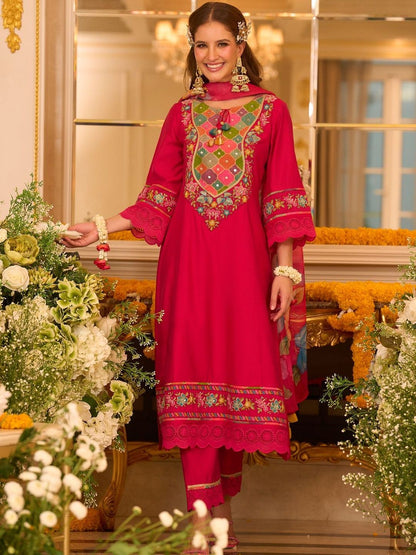 Floral Embroidered Thread Work A-Line Kurta With Trousers & Dupatta