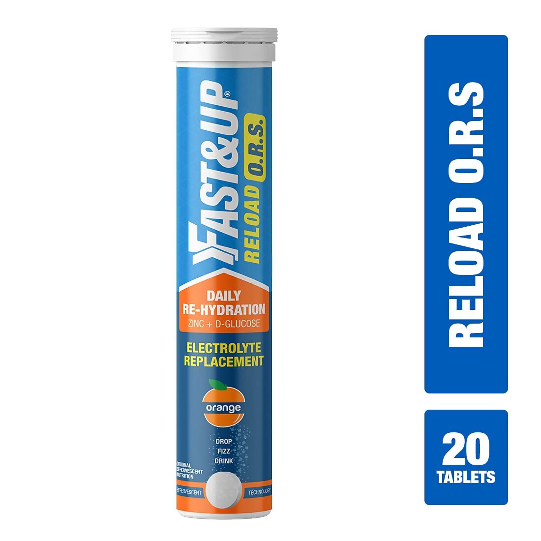 Fast&Up Reload O.R.S effervescent electrolyte tablets in orange flavor, Ayurvedic tablets with bright orange and packaging visible.