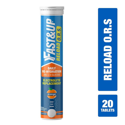 Fast&Up Reload O.R.S effervescent electrolyte tablets in orange flavor, Ayurvedic tablets with bright orange and packaging visible.