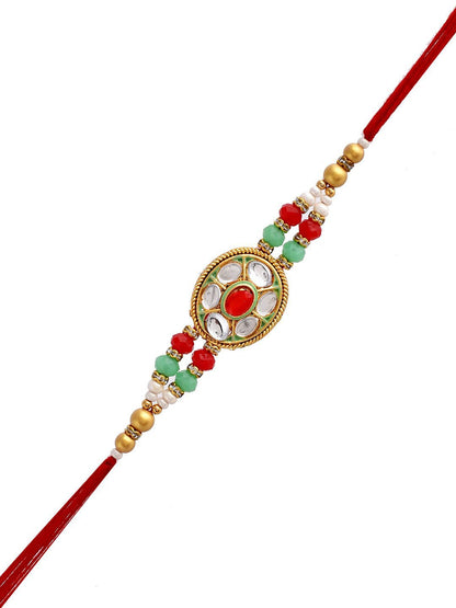 Anouk Gold-Toned Kundan-Studded & Beaded Rakhi With Roli Chawal & Greeting Card
