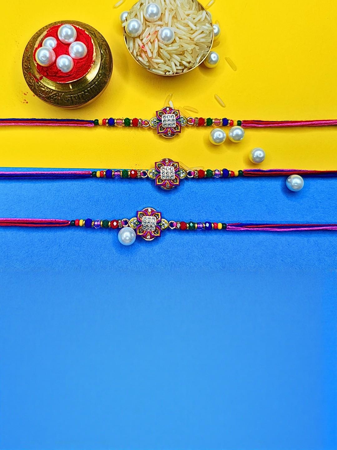 Anouk Set Of 3 Beaded Cotton Thread with AD Stones & Meenakari Designer Rakhi for Brother