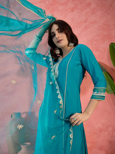 Indyancart SN Women's Solid Embroidered Kurta with Trousers & Dupatta