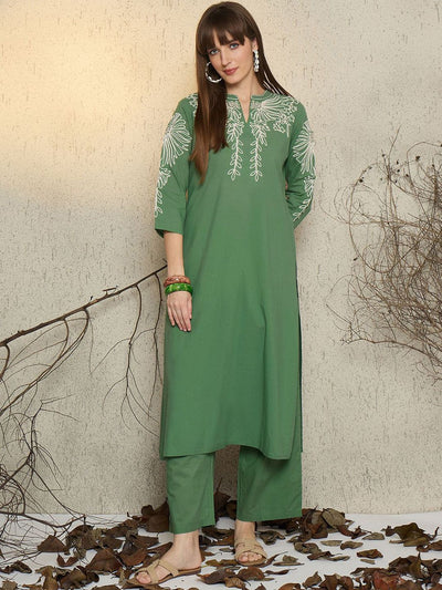 Indyancart IE Women Embroidered Mandarin Collar Cotton Top and Trousers Co-Ords