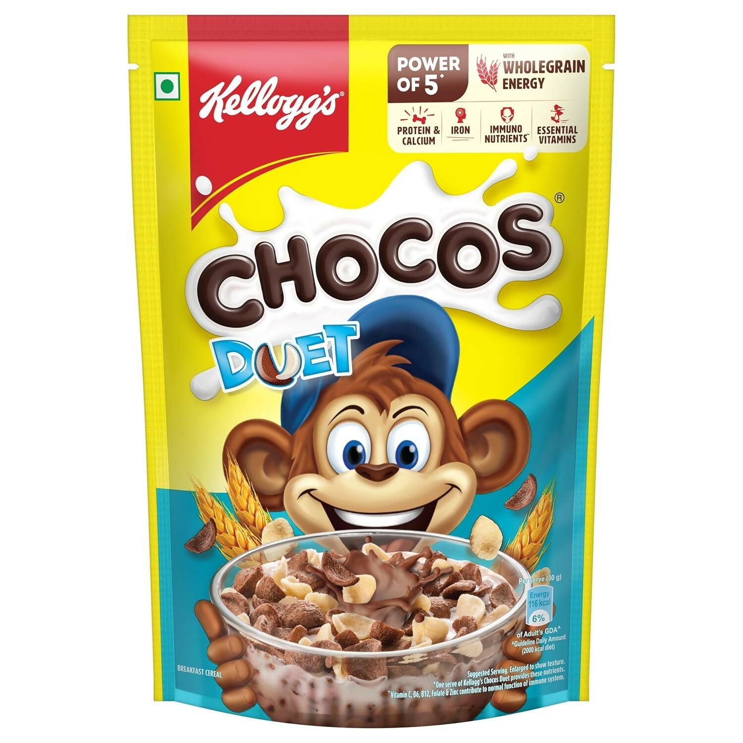 Kellogg's Multigrain Chocos Duet baby cereal box with colorful packaging, highlighting calcium, protein, and vitamin benefits.