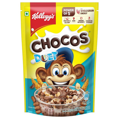 Kellogg's Multigrain Chocos Duet baby cereal box with colorful packaging, highlighting calcium, protein, and vitamin benefits.
