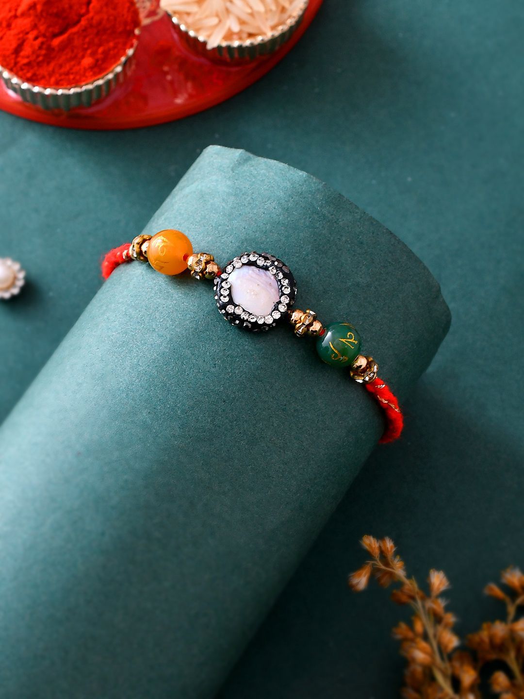 Anouk Orange Stone Studded & Beaded Thread Rakhi With Roli Chawal & Greeting Card