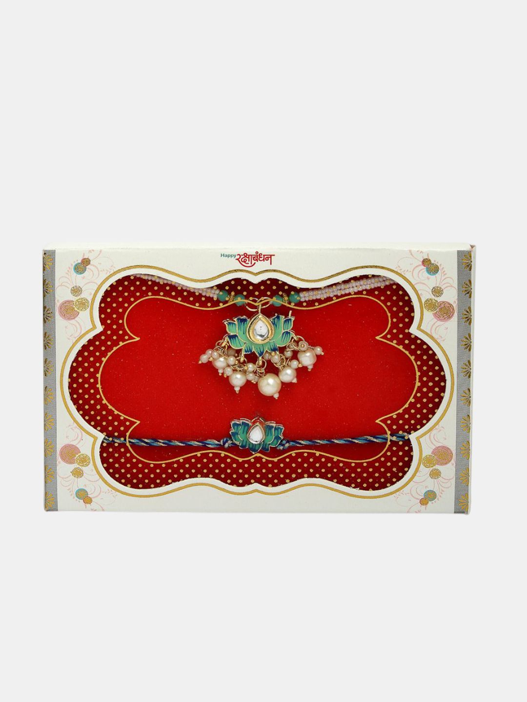 Anouk Set Of 2 Kundan-Studded & Beaded Lotus Shape Bhaiya Bhabhi Rakhis With Roli Chawal