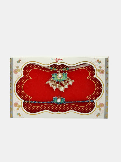 Anouk Set Of 2 Kundan-Studded & Beaded Lotus Shape Bhaiya Bhabhi Rakhis With Roli Chawal