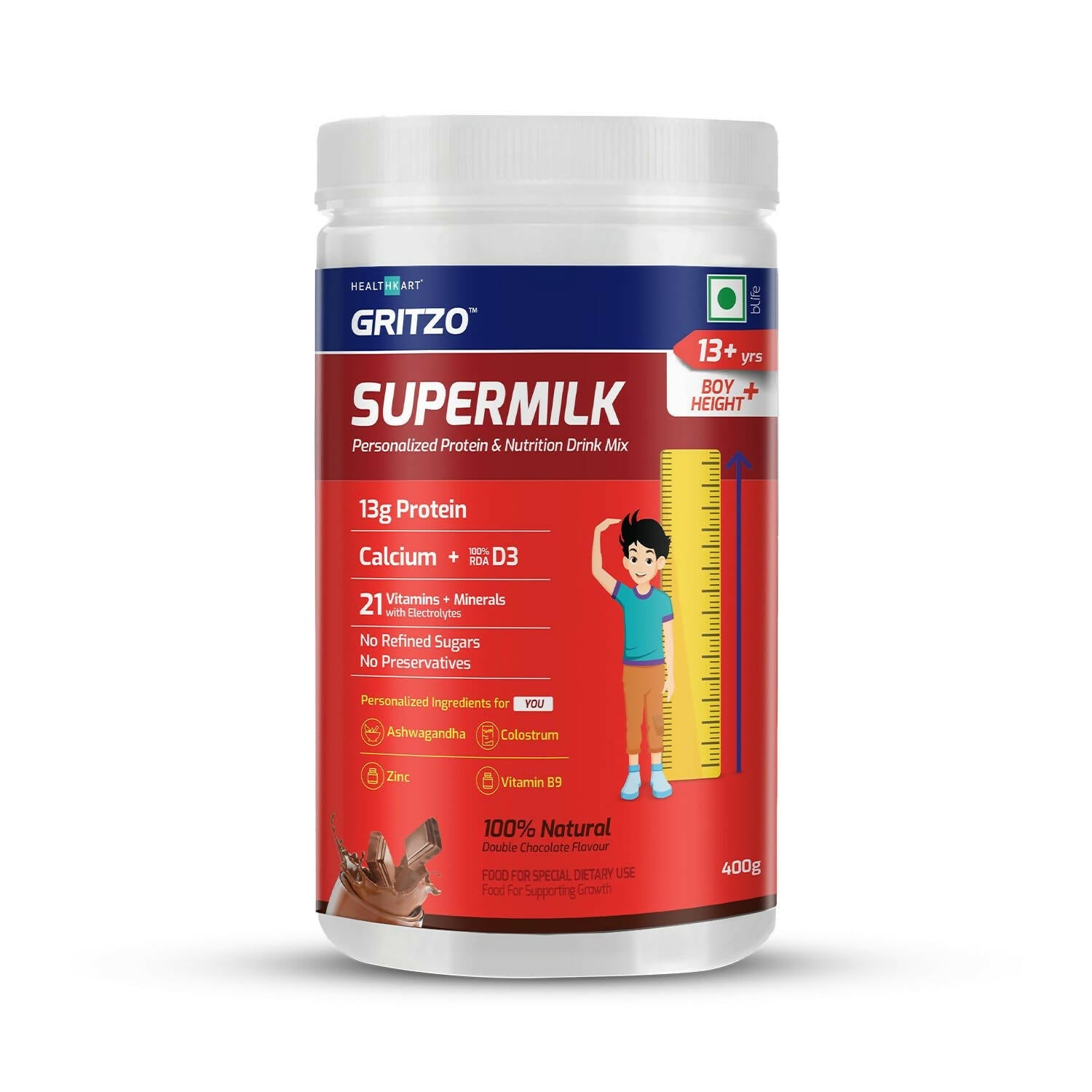 Gritzo Supermilk Height+ Health Drink For 13+Y Boys - Double Chocolate - Indyancart