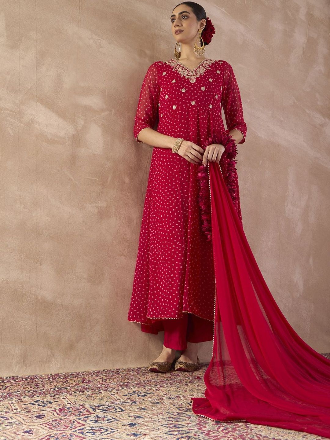 Ethnic Motifs Printed Georgette Anarkali Kurta With Trousers & Dupatta